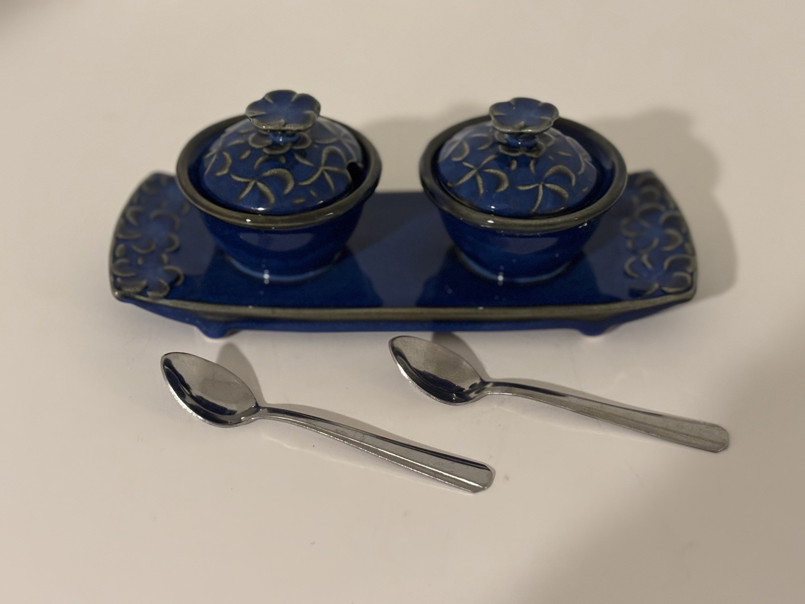 Jenggala Bali Blue Ceramic Condiment Server Lidded Pots Spoons Salt Pepper Spice