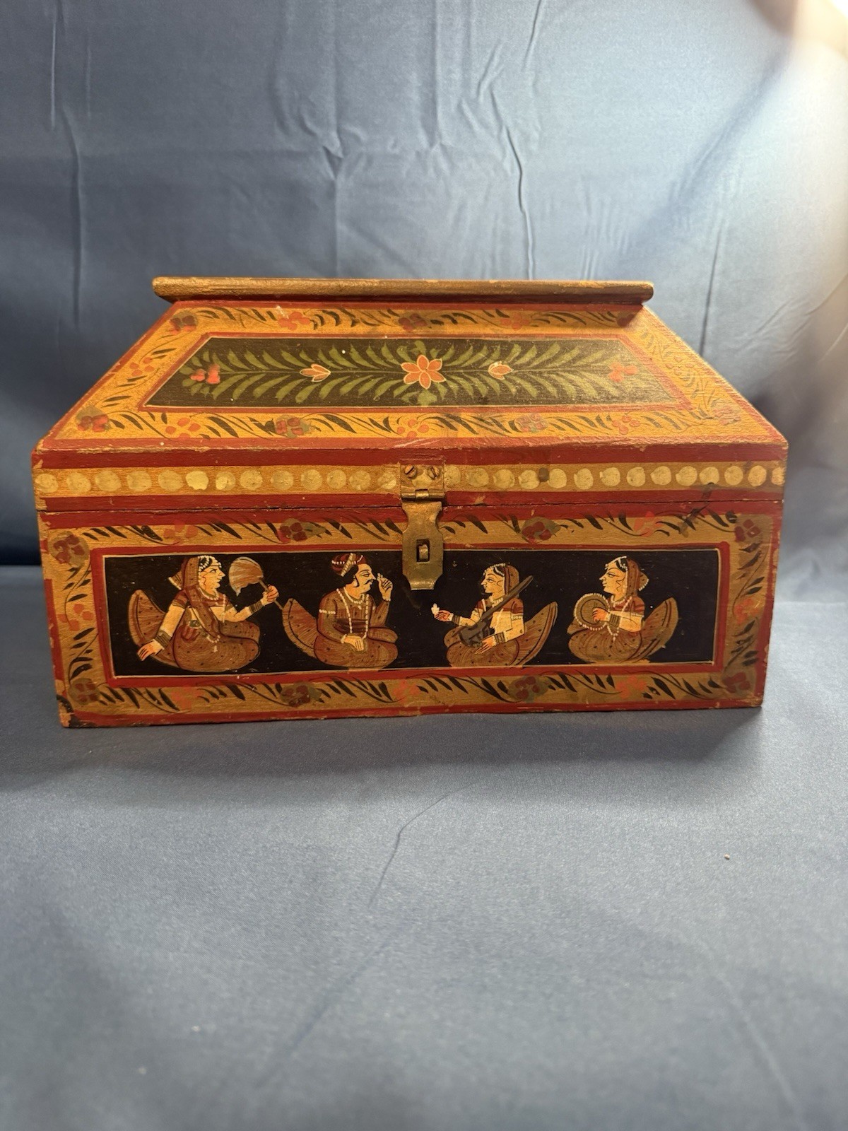 Vintage Anglo Raj Hand Painted Wooden Jewelry Box Indian Rajasthani Folk Art