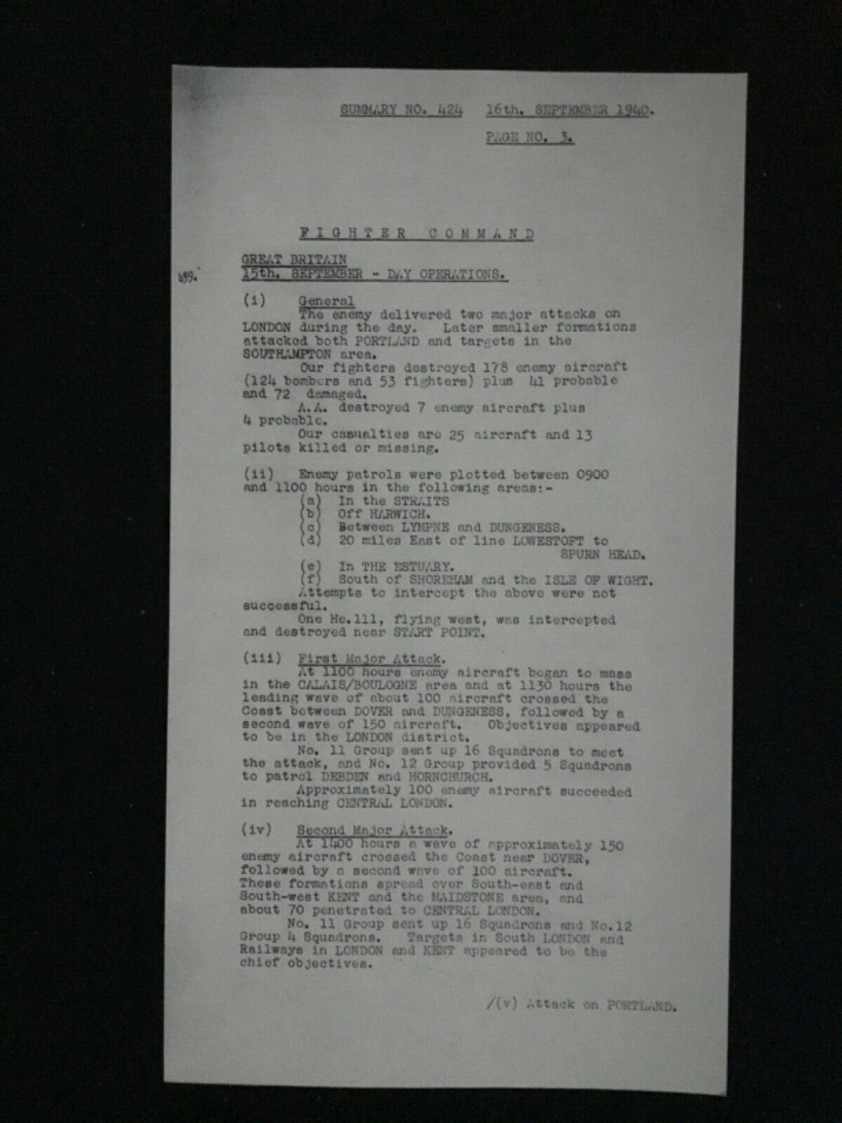 1944 WWII WAR ROOM DAILY SUMMARY 15th SEPT 1940  (see Description) *Repro*