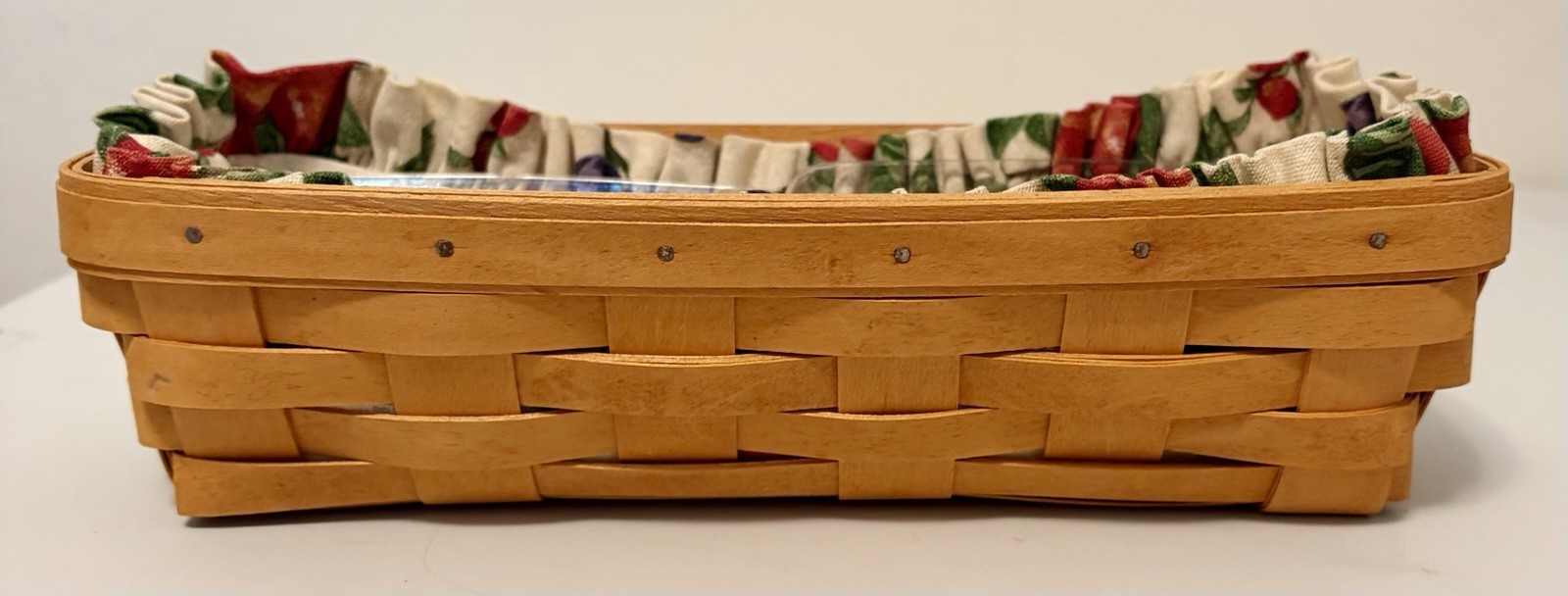 1998 Longaberger Long Basket Wood Fabric Liner Americana Farmhouse With Inserts 1998 Longaberger Long Basket Wood Fabric Liner Americana Farmhouse With Inserts