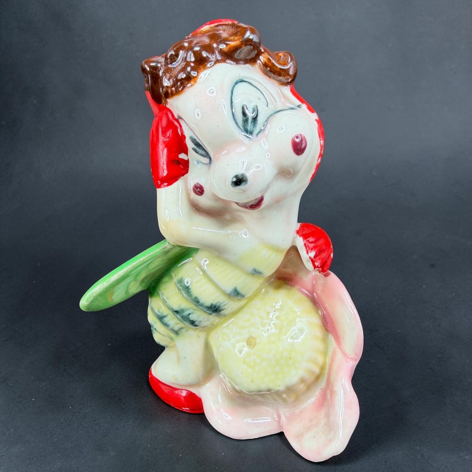 Vintage Anthropomorphic Bug Figurine Red Hat Green Wings Ceramic Made in Japan