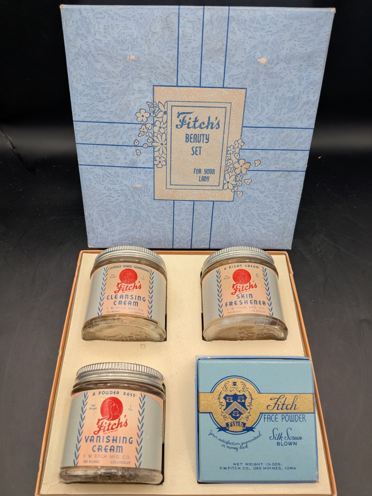 RARE 1930s 1940s F.W. Fitch Beauty Set Cosmetics Face Powder Creams Original Box