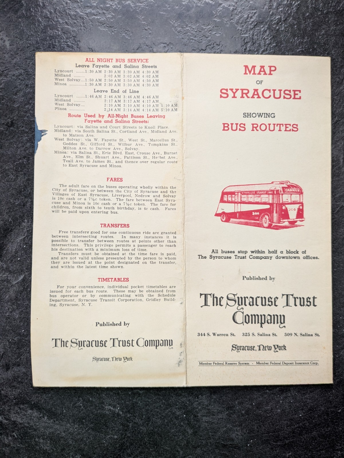 Vintage 1940s Map of Syracuse New York Bus Routes Pub. by The Syracuse Trust Co.