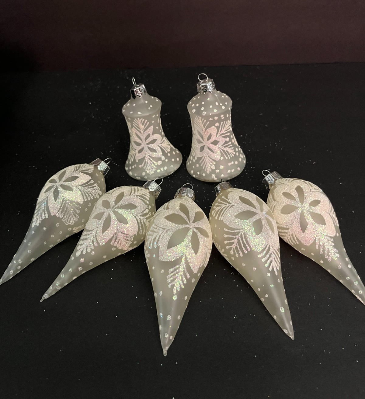 Vtg frosted glass Christmas ornaments teardrop/bell ivory sparkle accents 7 pc