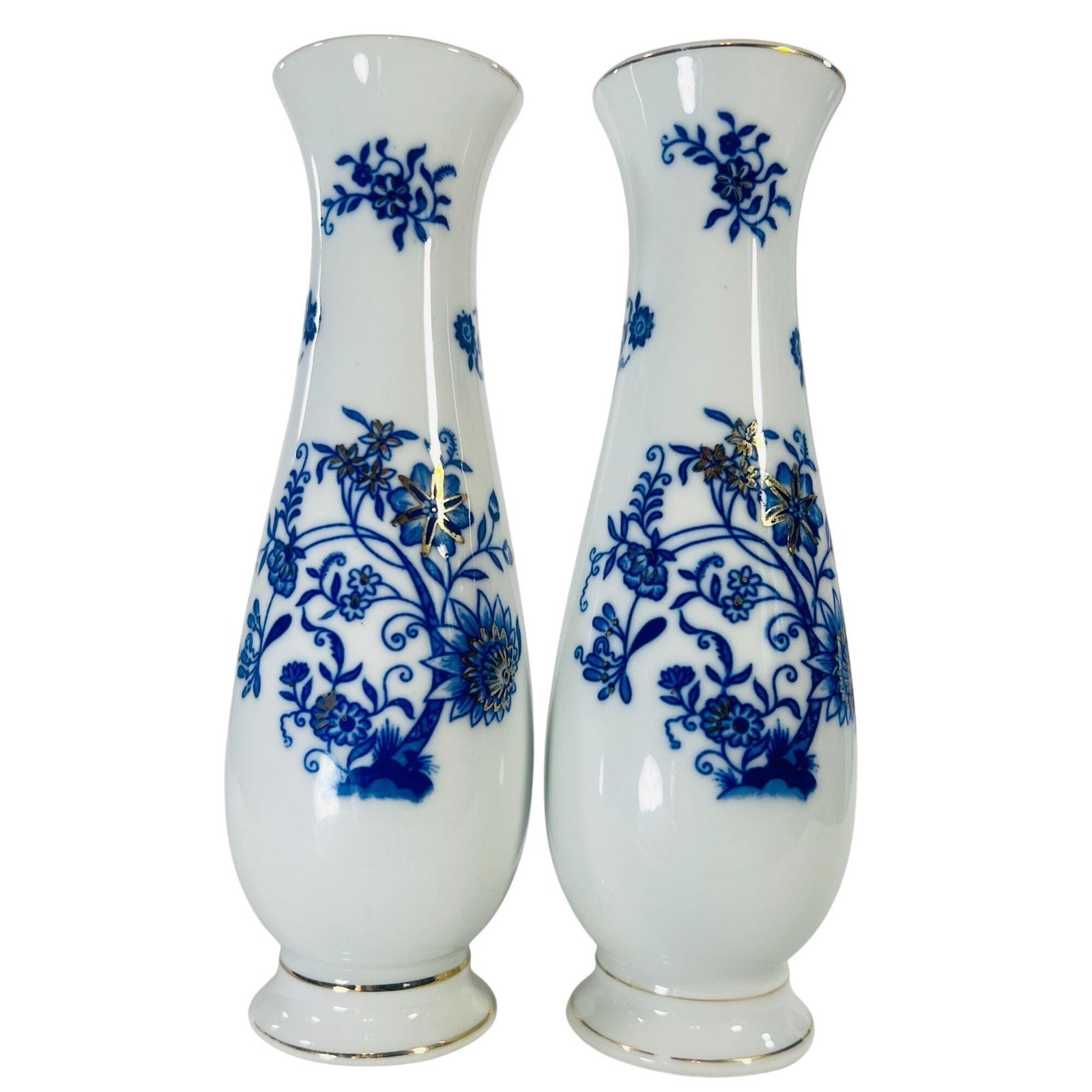 Norleans Japan 2 Hand painted Gilded Blue  White Floral Porcelain Vases READ