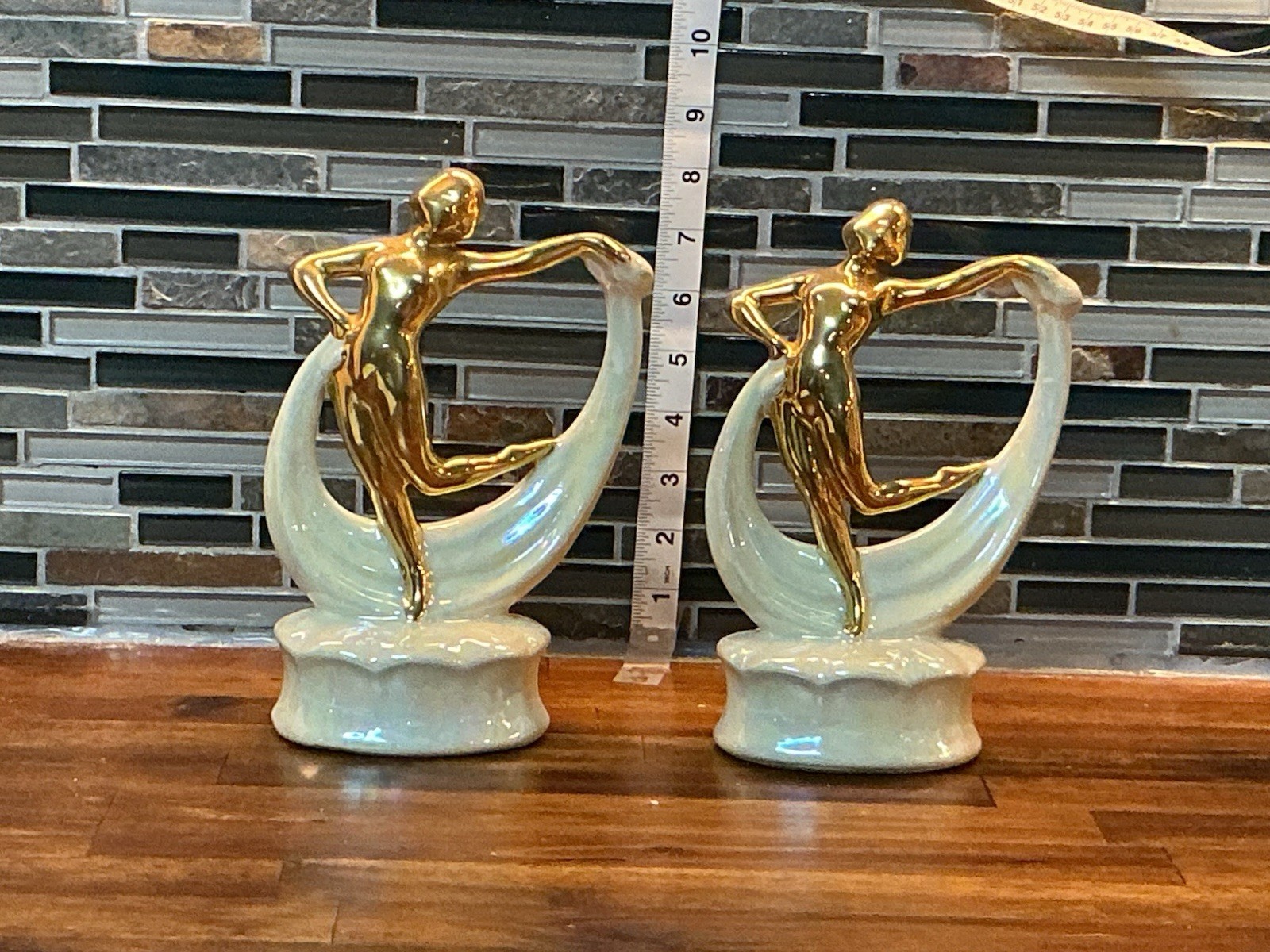 Vintage Art Deco Gold Lusterware Nude Scarf Dancer Figurine PAIR