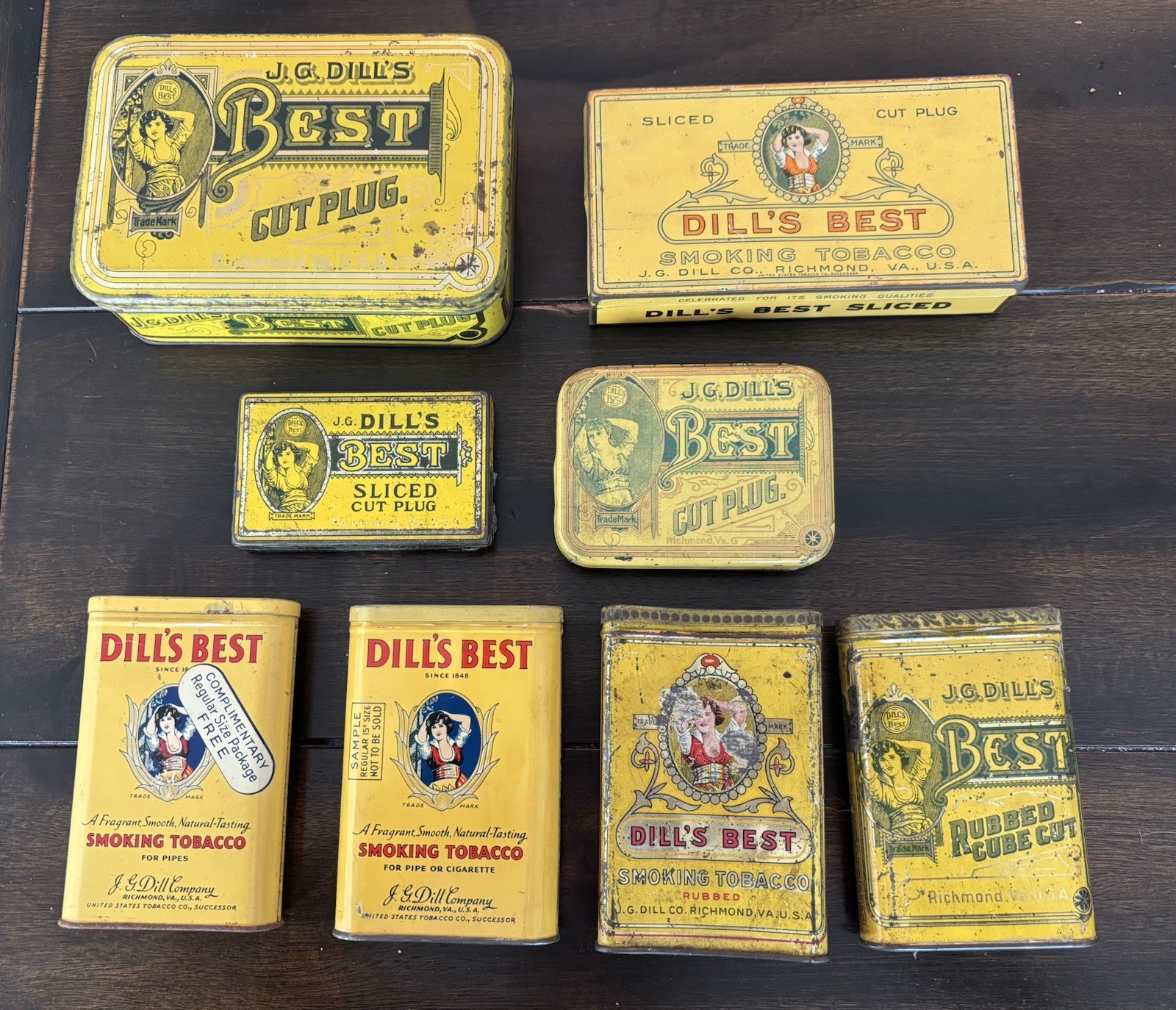 8 Vintage JG Dill’s Best Tobacco Tins All Different Pocket Tins 2 Samples Comp