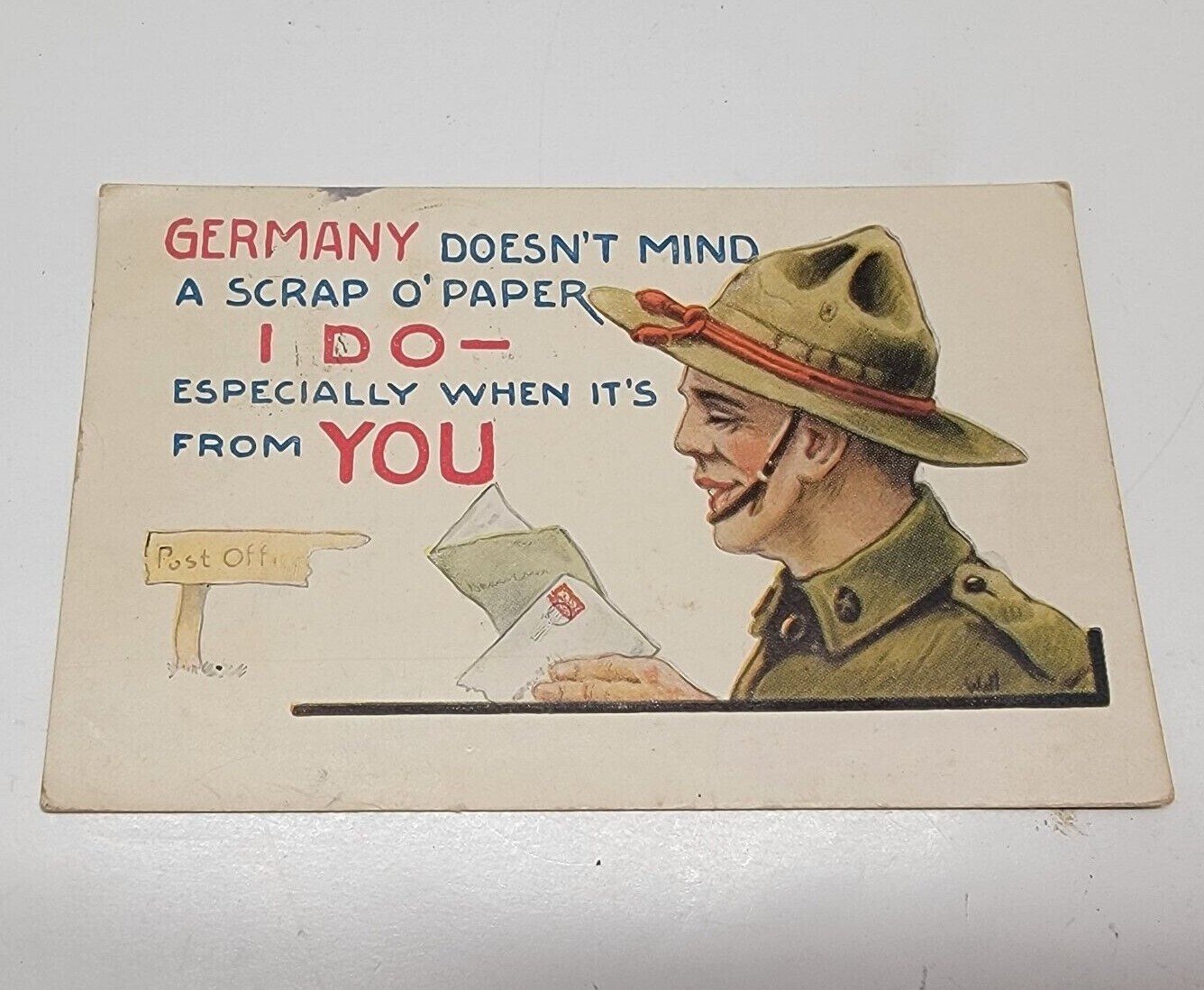 VTG Antique WWI Germany Doesnt Mind Propaganda US GI Postcard Posted 1918