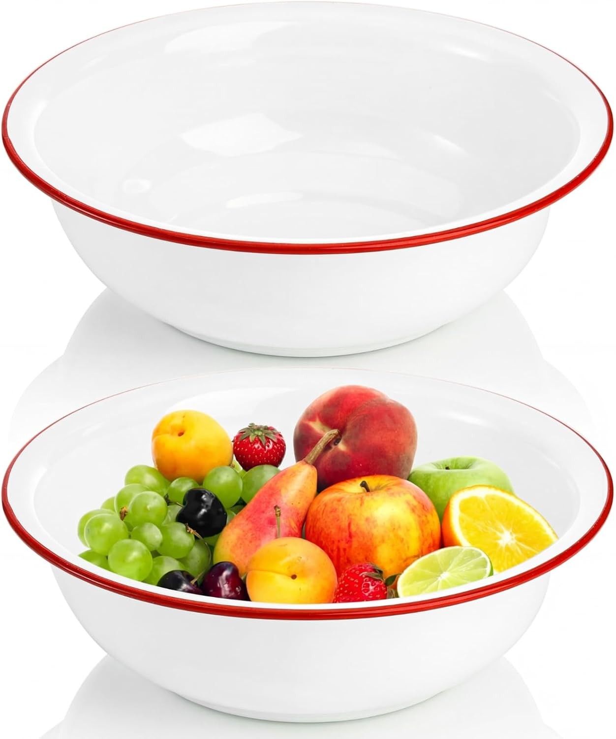 Set of 2 Enamel Bowl, 3 Quart Large Enamel Mixing Bowl White Enamelware with Red