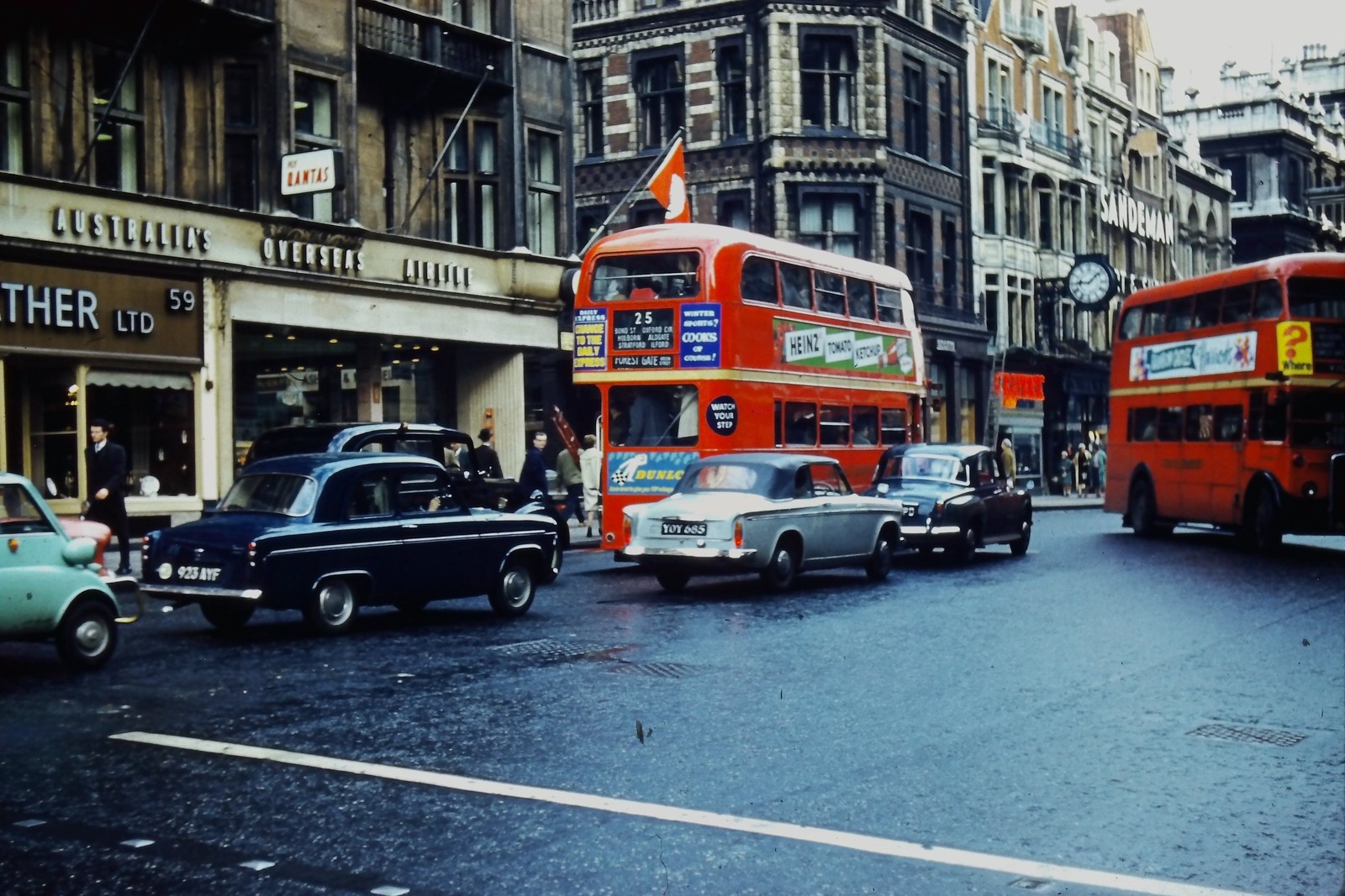 c1960\'s Kodachrome 35mm Slide London Piccadilly Qantas Bus Street Scene England c1960\'s Kodachrome 35mm Slide London Piccadilly Qantas Bus Street Scene England