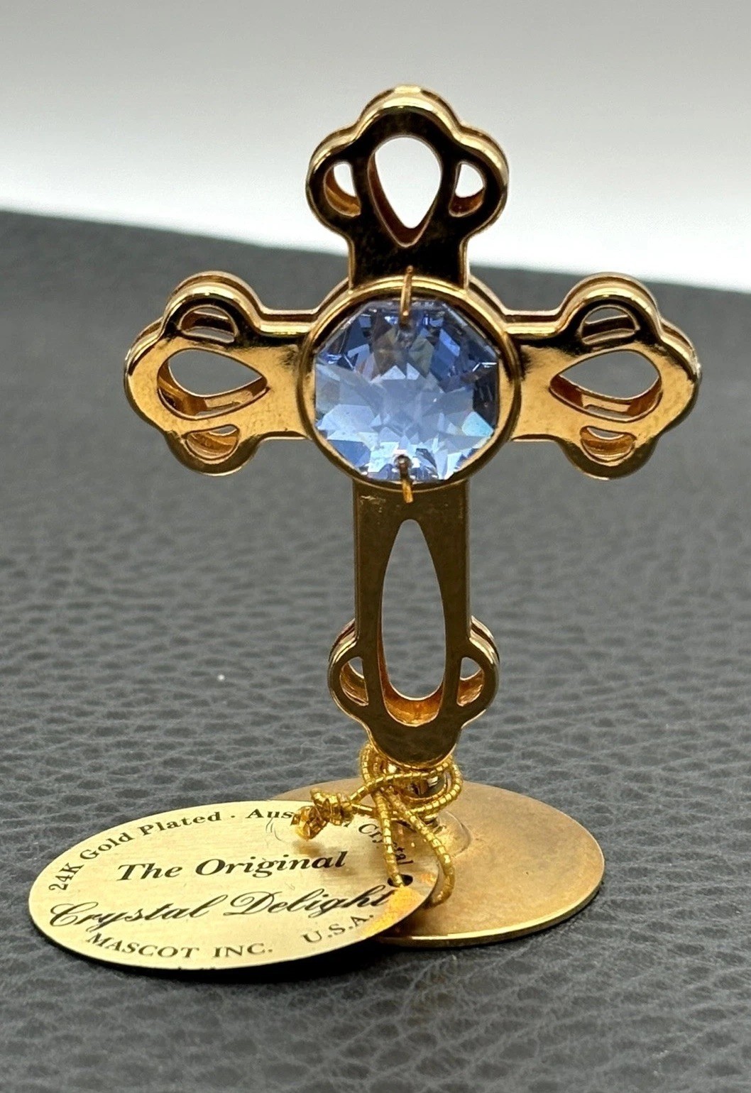 Vintage Blue Austrian Crystal Delight 24K Gold Plated Cross Figurine Ornament