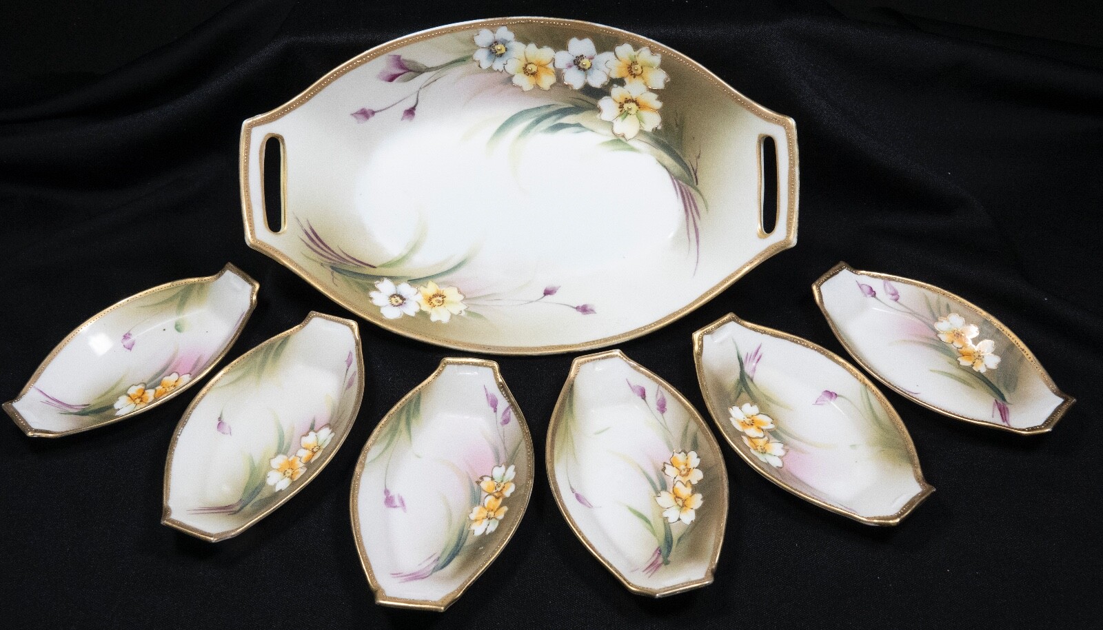 Nippon Nut Dish Set Morimura Painted Flowers Gold Moriage 7 Pieces