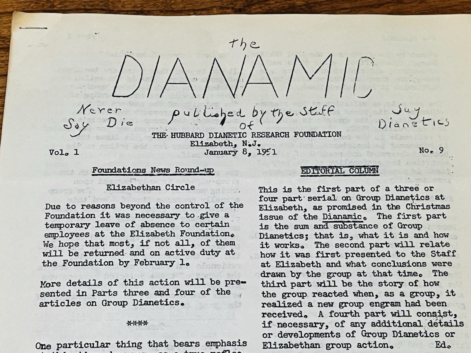 L. Ron Hubbard Dianetic Research January 1951 Staff News Dianamic Elizabeth N.J
