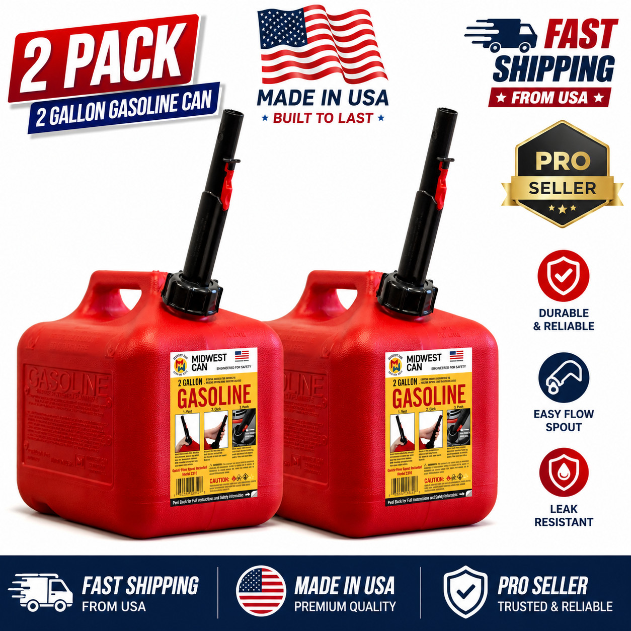(2 pack) Midwest Can Auto Shut off Gasoline Can, 2 Gallon, 8 oz. Cpacity, Red (2 pack) Midwest Can Auto Shut off Gasoline Can, 2 Gallon, 8 oz. Cpacity, Red
