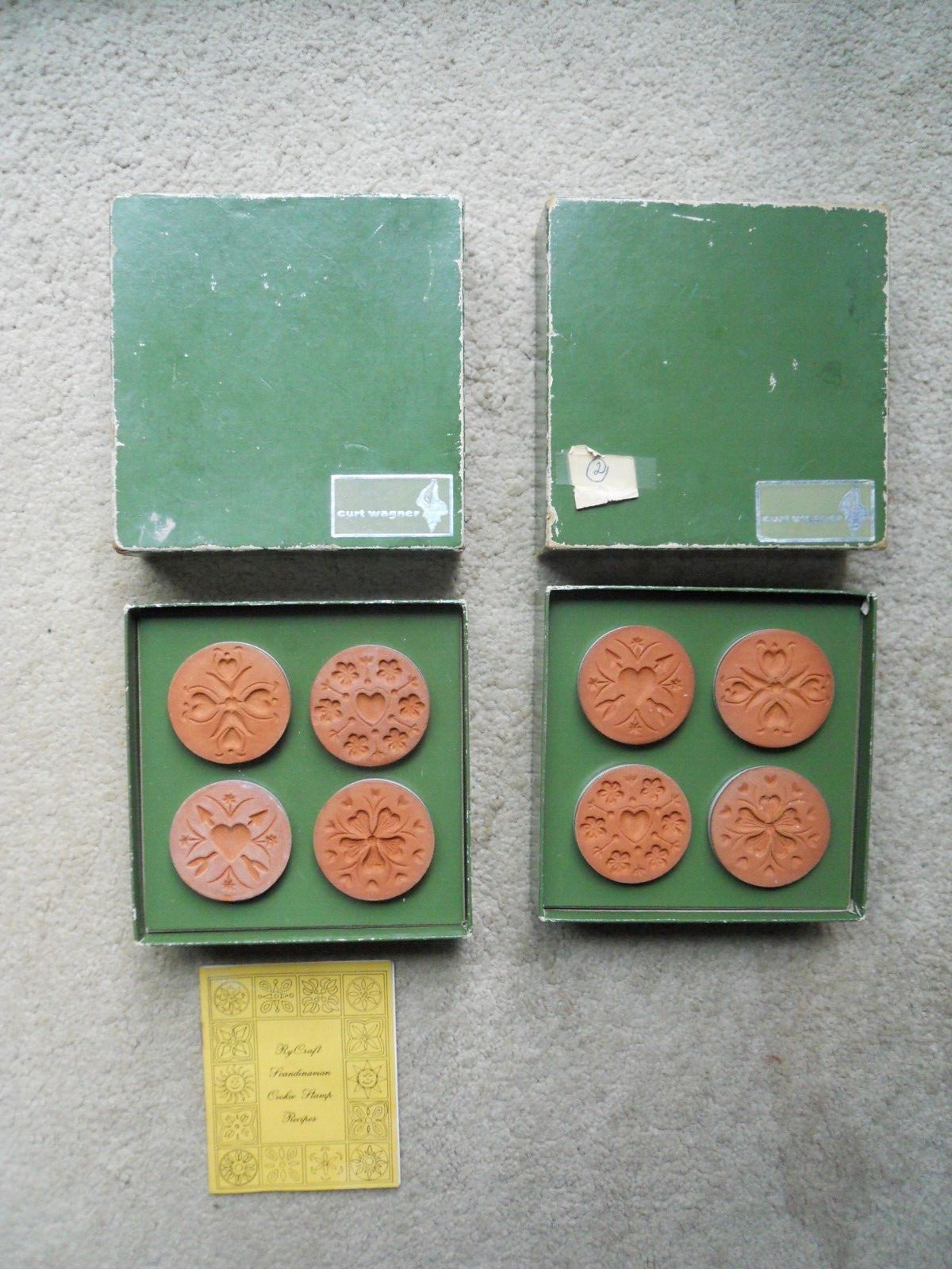 2  Vintage Set, 4 Curt Wagner Scandinavian Ceramic Cookie Molds + Recipe Book.