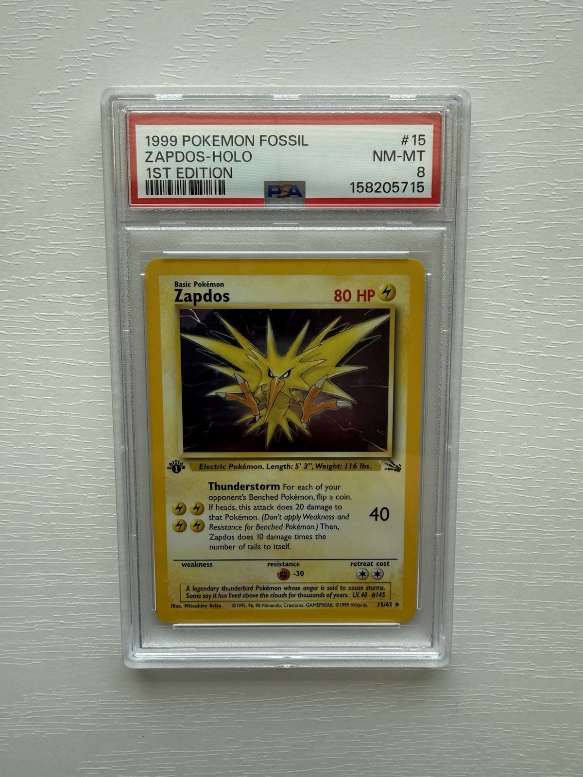 Pokemon 1999 Fossil Zapdos Holo Rare 1st Edition #15/62 PSA 8 English