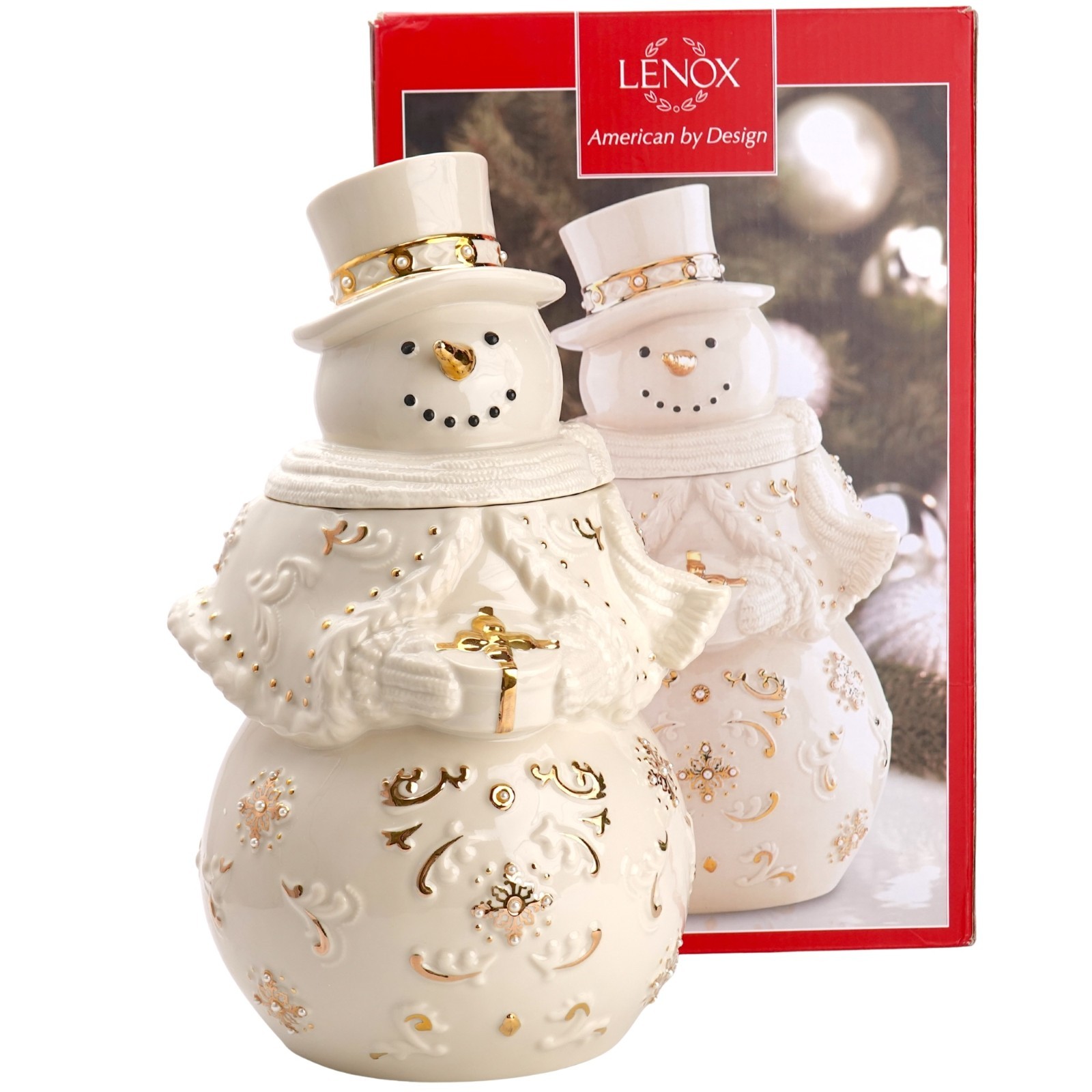 Lenox Florentine & Pearl Snowman Cookie Jar 12” w/Box Discontinued RARE