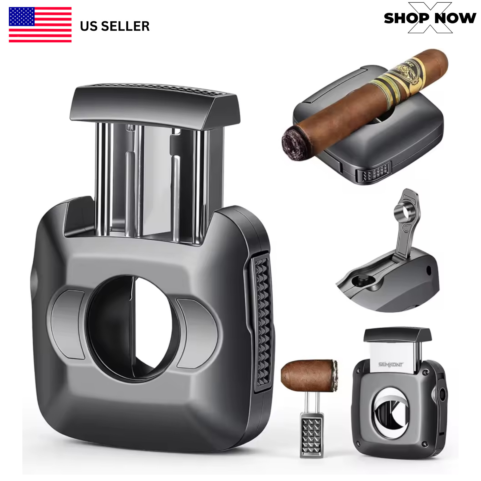 Stainless Steel Cigar Cutter V-Cut Guillotine with Punch & Holder Gray USA