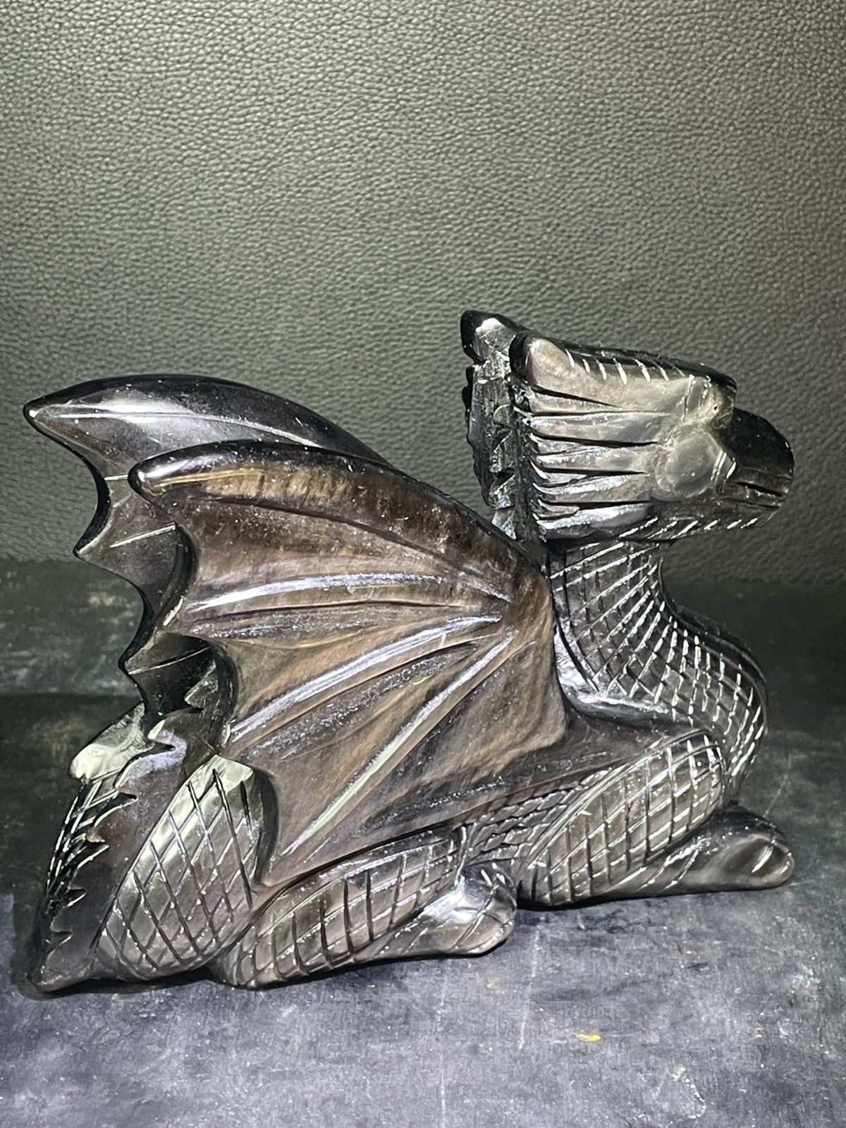 2.53LB 150mm Natural Silver Obsdian Dragon Carving Crystal Ornament Quartz Gift