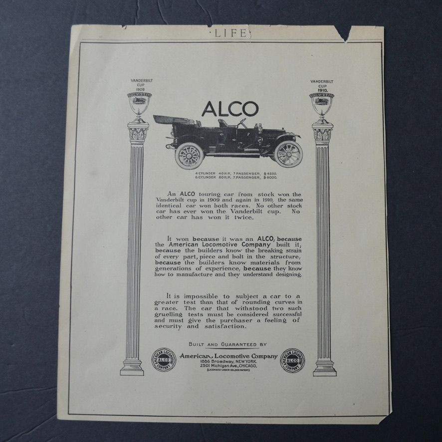 Antique 1911 Life Magazine Advertisement Alco Automobile & Hotel LaSalle Chicago