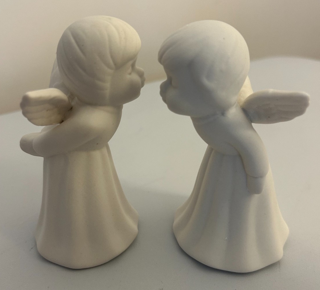 White Porcelain Bisque Kissing Angels Figurines Set of 2