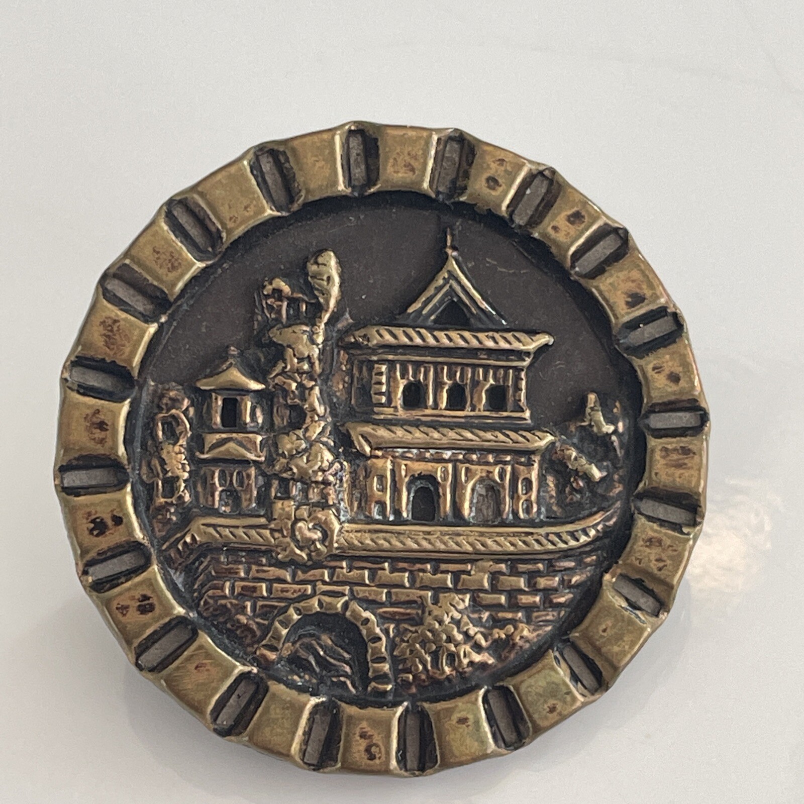 Vintage/Antique (?) LG Mixed Metal Picture Button Building, Bridge Shank