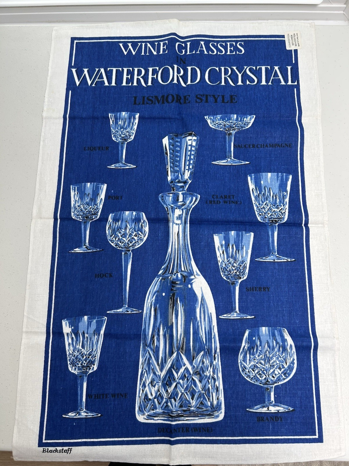 NEW VTG Irish Linen Cotton Tea Towel Waterford Crystal Glasses 20x30\