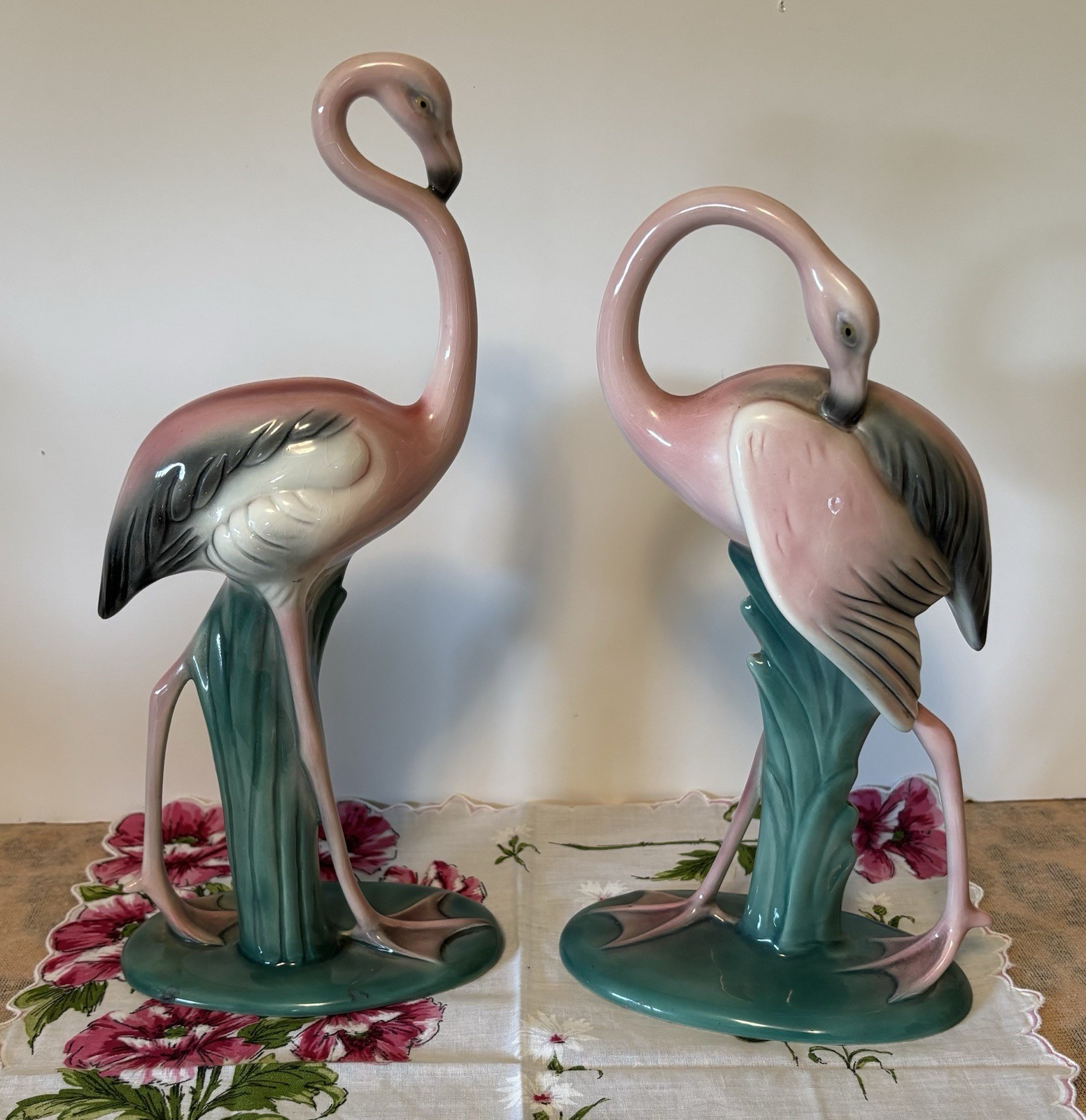 Pair Vintage WILL GEORGE Pasadena Pink FLAMINGOS Signed Ceramic MCM 11.25” 10”