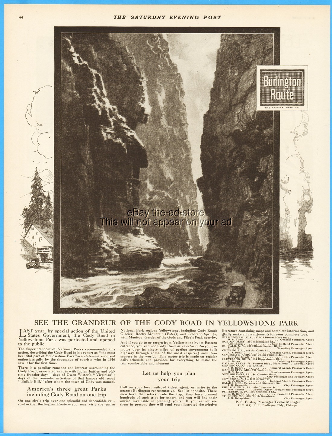 1917 Burlington Route Railroad Cody Road Yellowstone National Park Train Ad