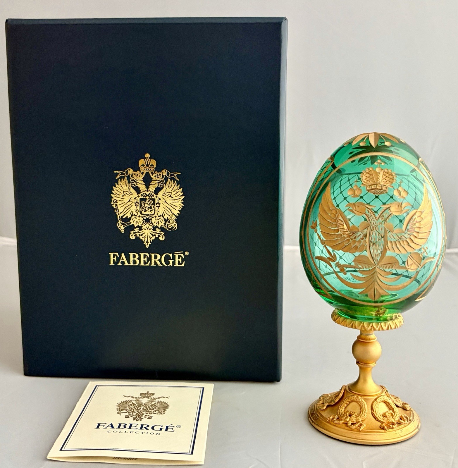 RARE FABERGE IMPERIAL EMERALD GREEN ROMANOV DOUBLE EAGLE EGG w STAND COA LE 24k