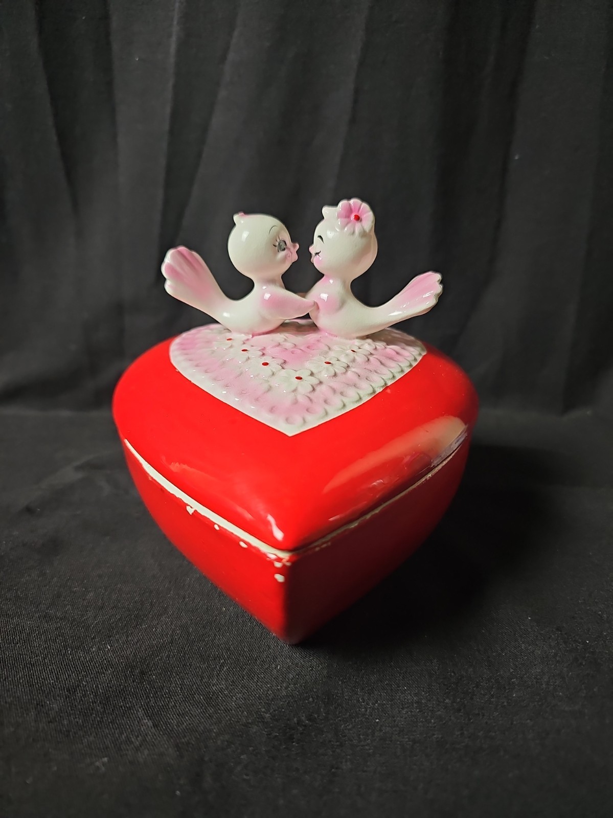 Vtg 1950s Lefton 6” Ceramic Pink Love Birds Heart Trinket Box Valentine AS IS 