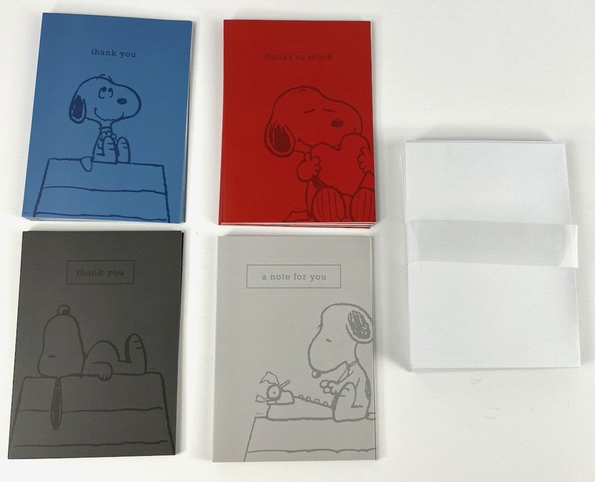Snoopy NOTE CARDS THANK YOU Blank Card Set of 20 4 Designs w/Envelopes NEW