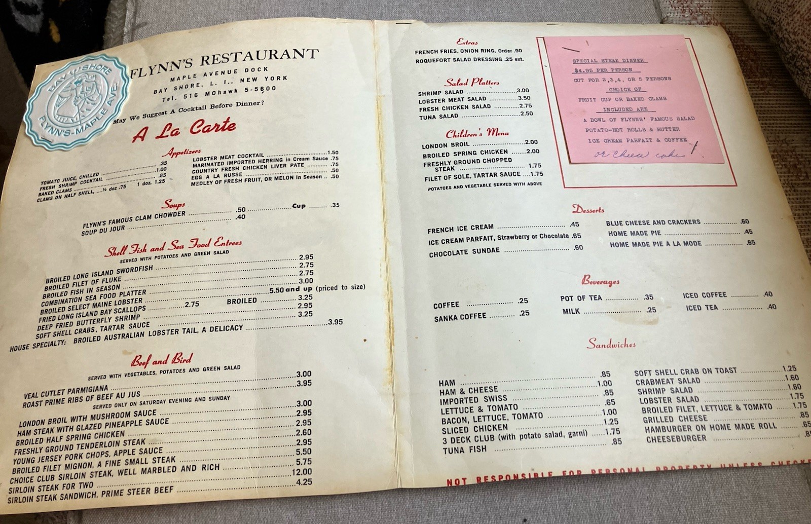 Vintage Flynn’s Bay Shore New York Menu