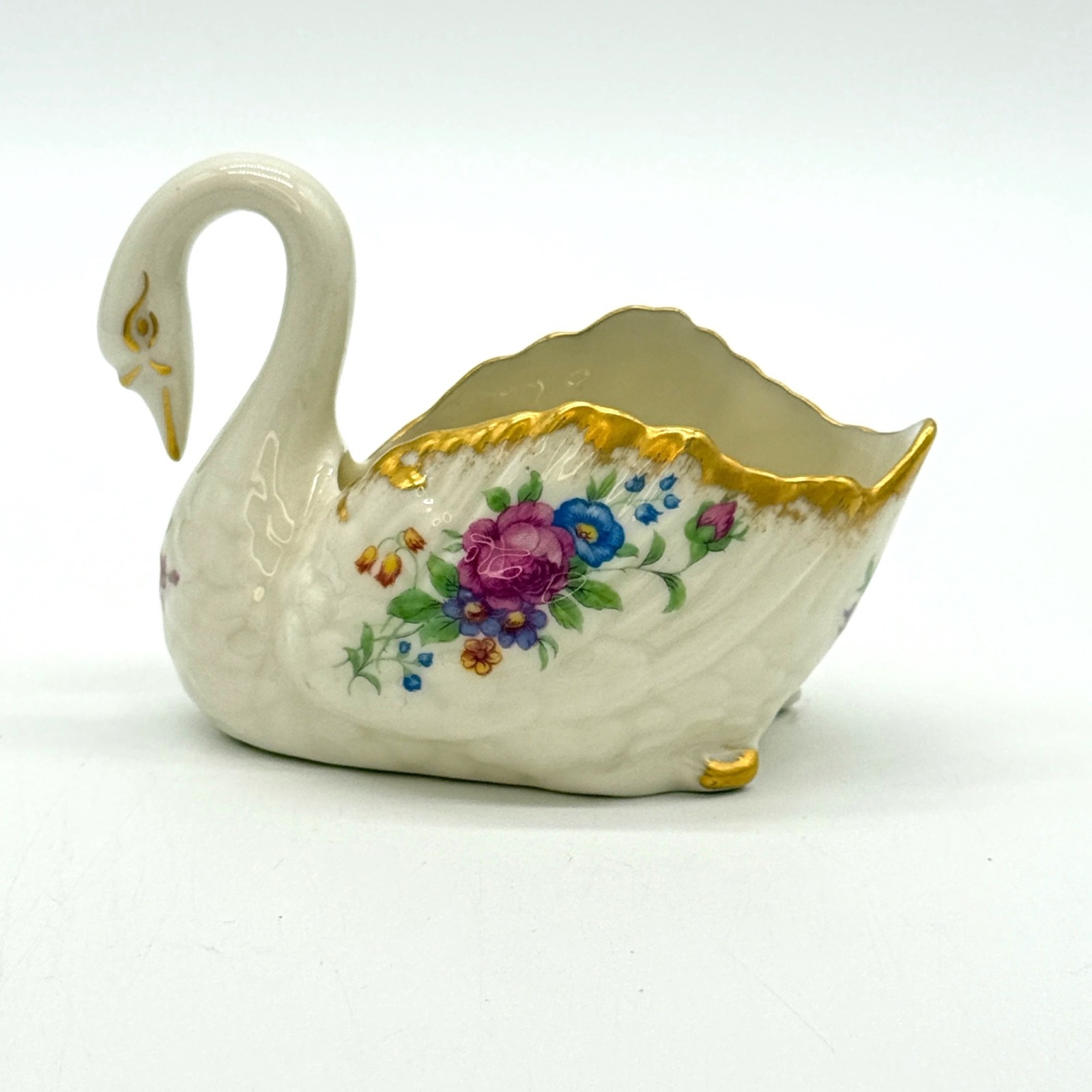 Lenox Porcelain Swan Figurine With Floral Design & Gold Trim - Made In USA