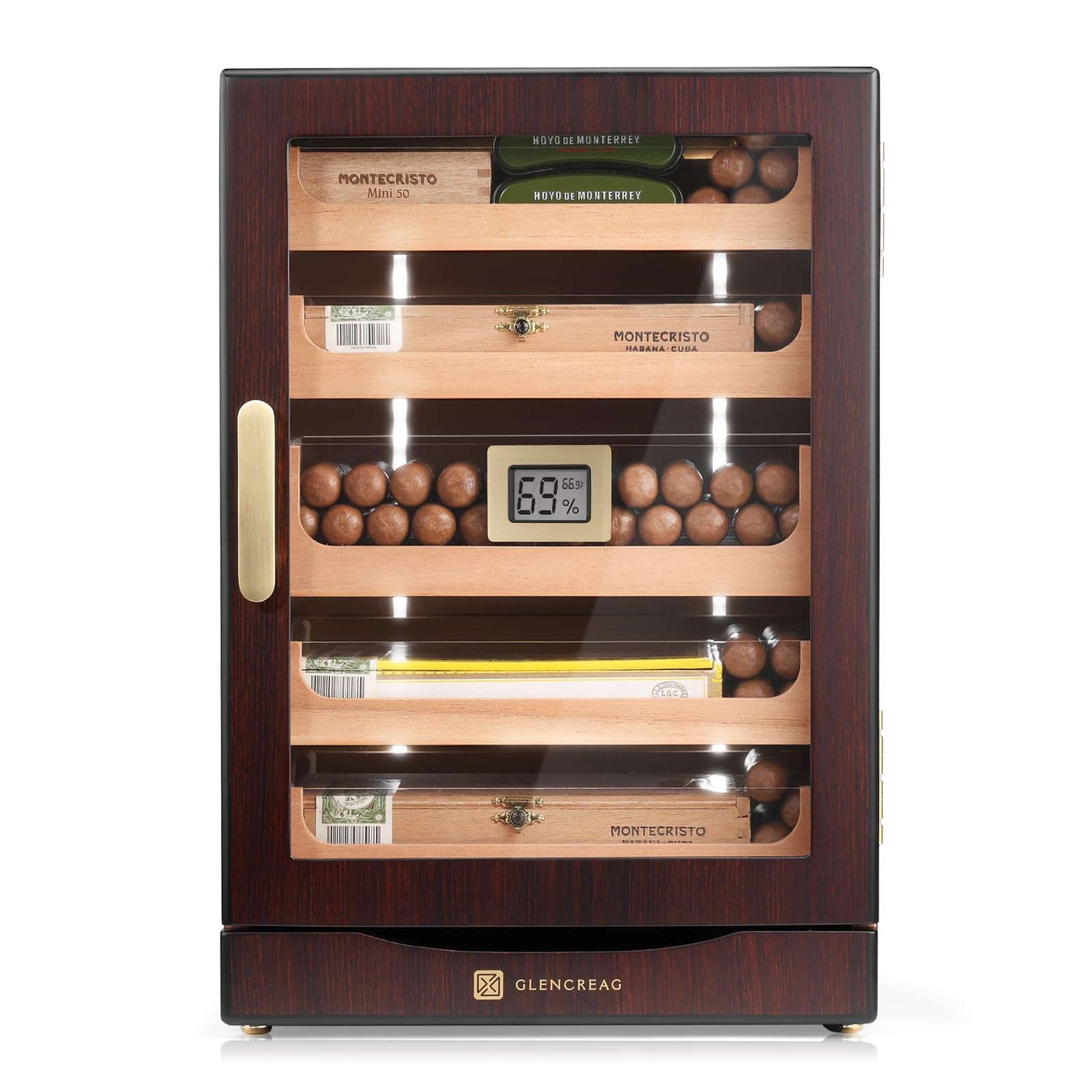 GLENCREAG Cigar Humidor Cabinet for 250 Cigars, Auto LED, Rich Brownish Red