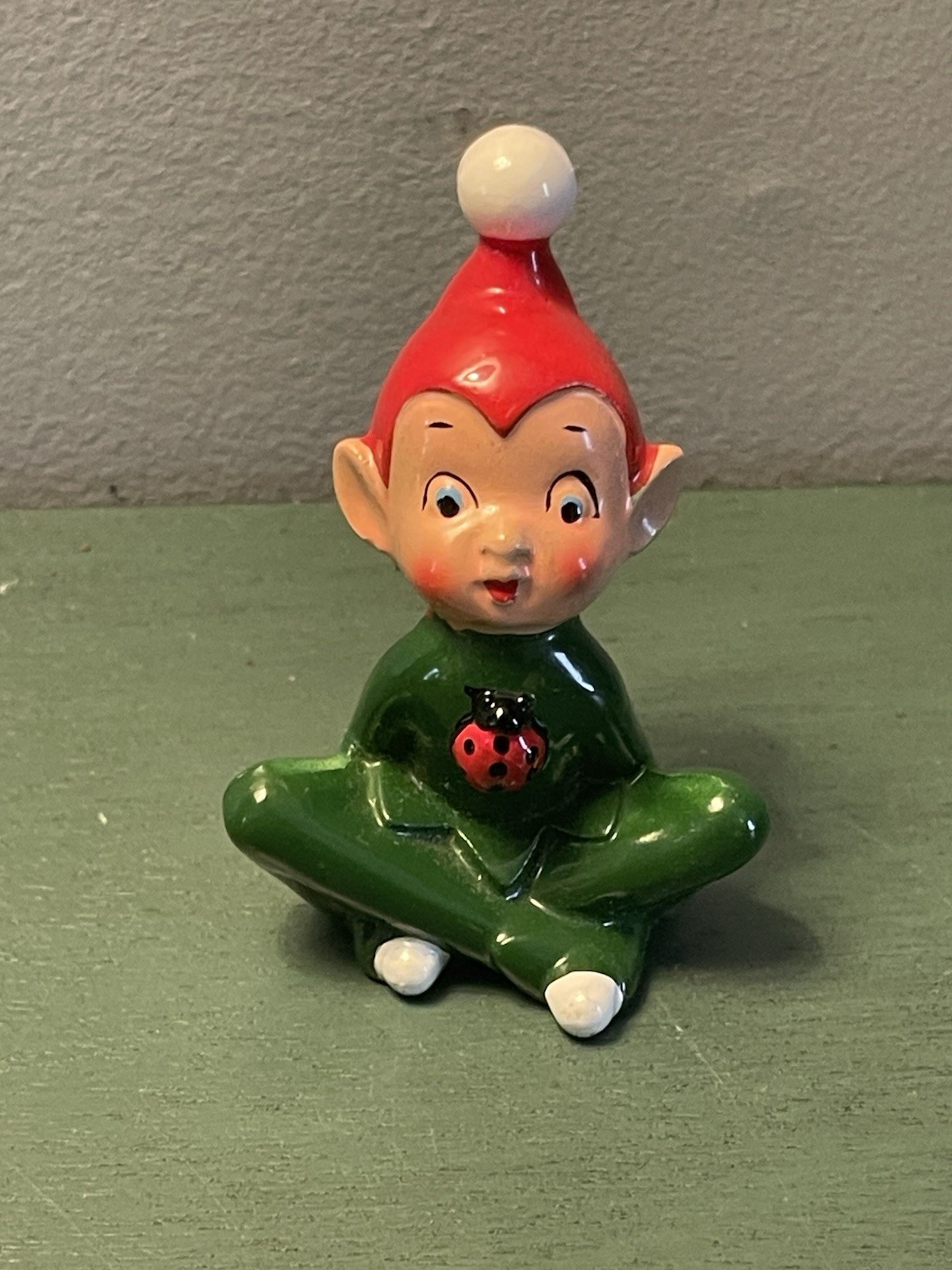Vintage Ceramic Pixie Elf Figurine 1960’s Hand Painted Red &green Ladybug Vintage Ceramic Pixie Elf Figurine 1960’s Hand Painted Red &green Ladybug