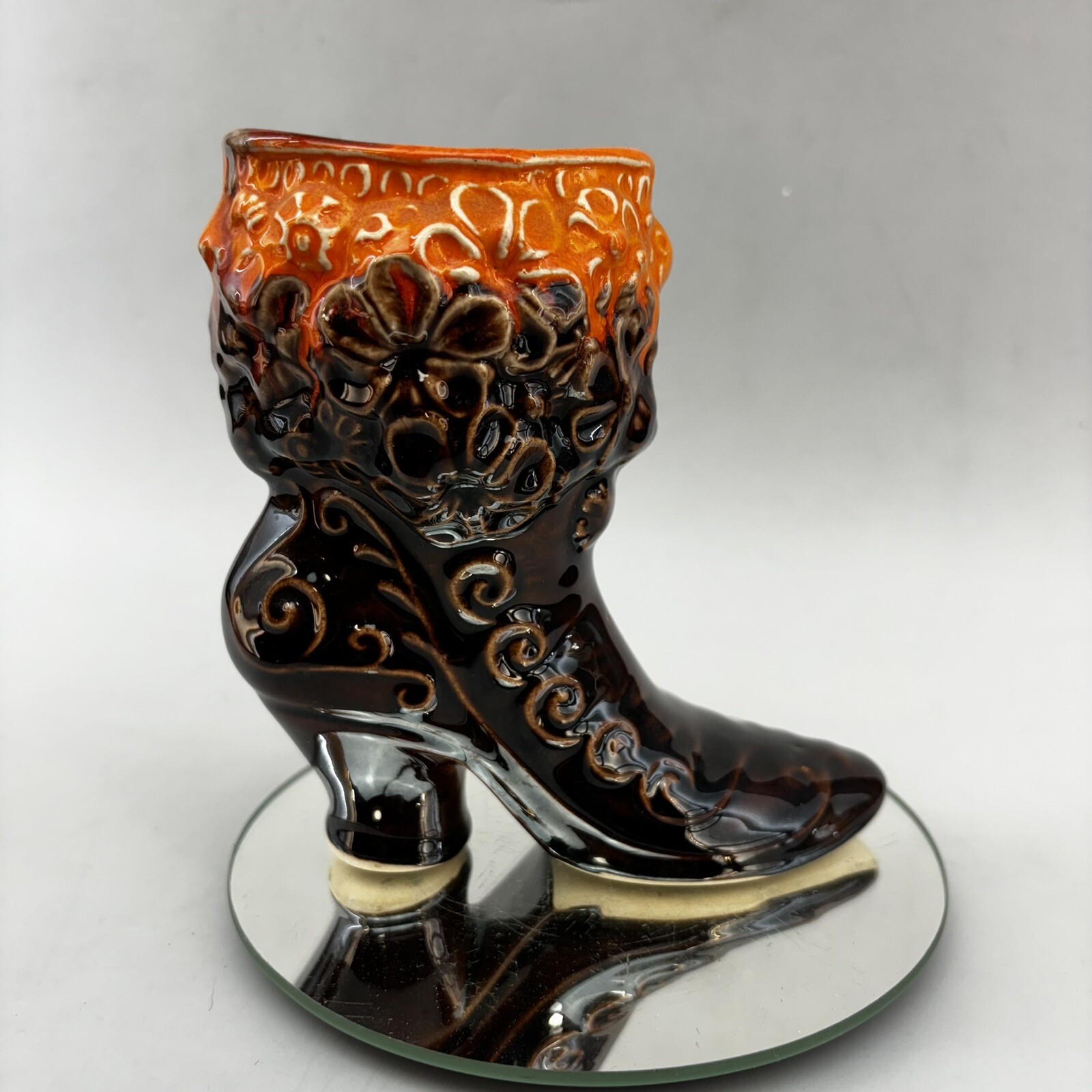 Vintage Ceramic Victorian Shoe Boot Planter Vase Orange Brown Pottery 5.5”