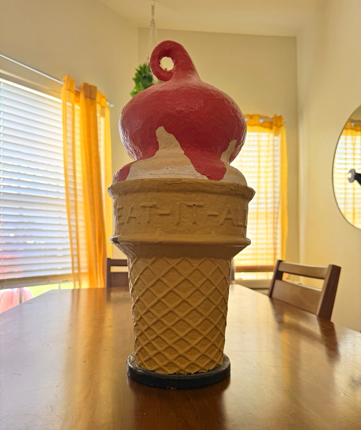 Vintage Eat-It-All 22” Papier Mache Ice Cream Cone Advertising Display Red