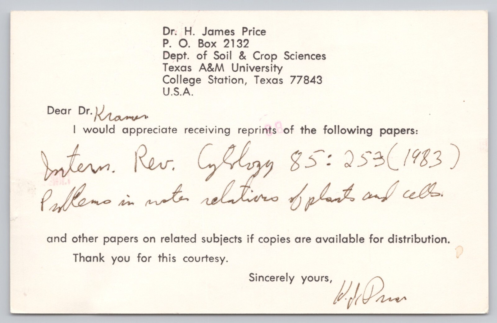 College Station Texas A&M University Soil & Crop Article Request, Vtg Postcard