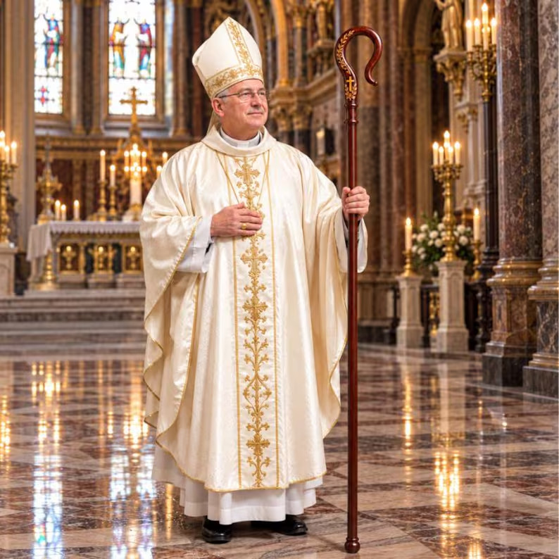 72-Inch Hand-Carved Wooden Bishop Crozier Staff with Christian Cross Olive Leaf