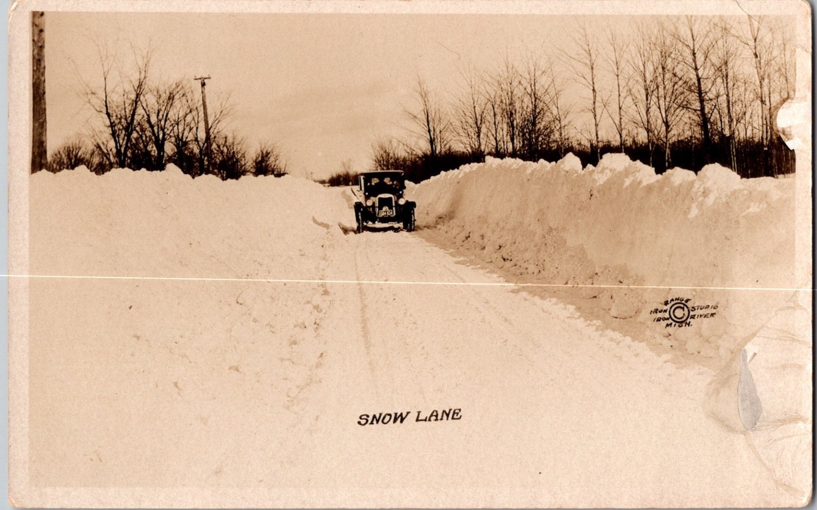 RPPC Snow Lane, Iron River, Michigan Old Car, Lovely