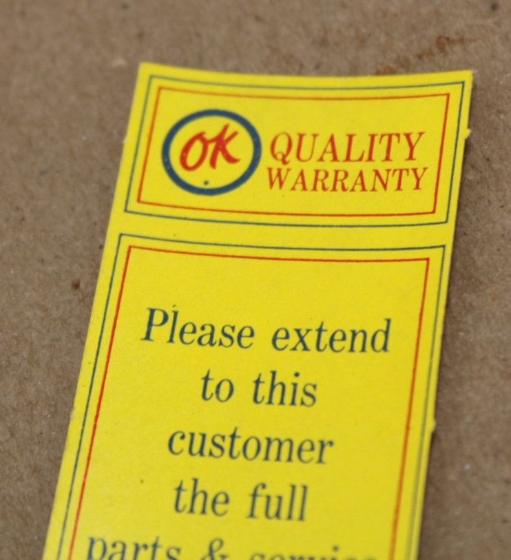 NOS NEAR MINT dated 1965 CHEVY OK USED CARS WARRANTY Old Winterset IA Decal Sign