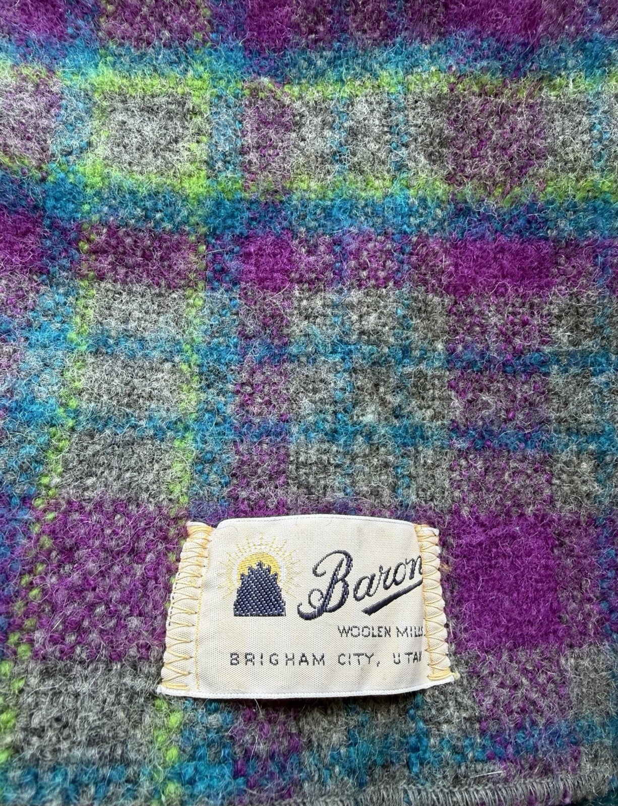 Vtg Baron Woolen Mills Brigham UT  Vibrant Plaid Wool Blanket 58” X 65” PRISTINE