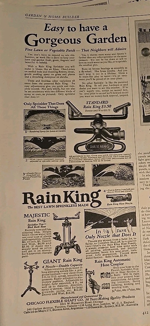 1928 Rain King Standard lawn water sprinkler  vintage ad