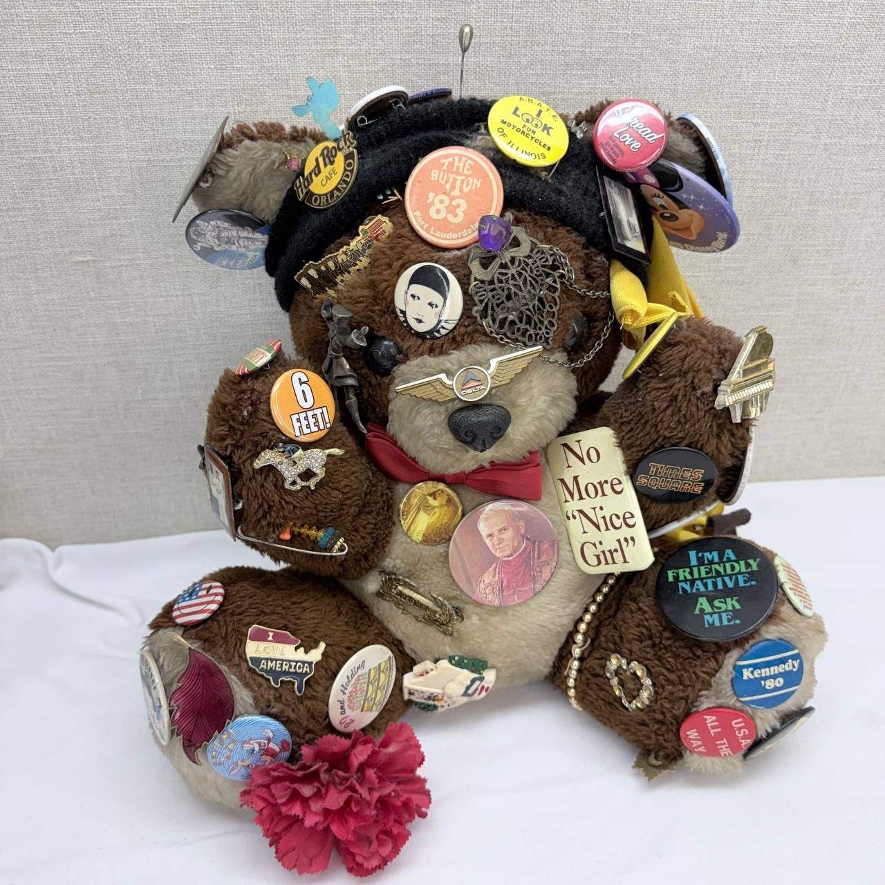Vintage Teddy Bear with Large Pin Collection Boy George NASA Hard Rock Delta