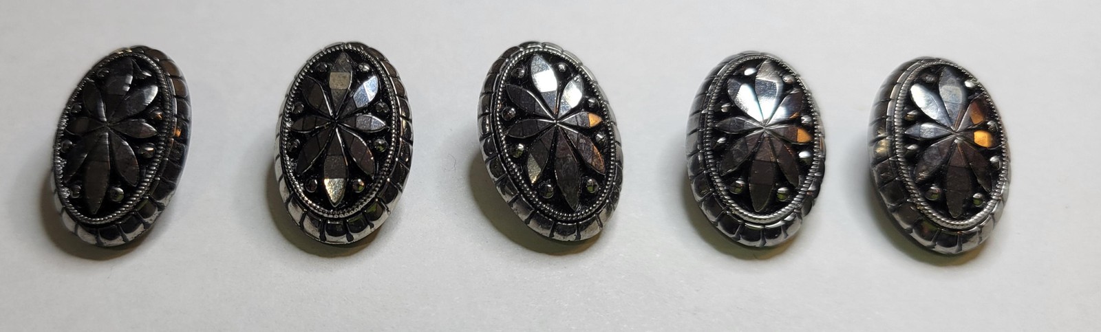 Vintage Black Plastic Buttons Lot 5 Art Deco Oval Shank Faceted Flower Design