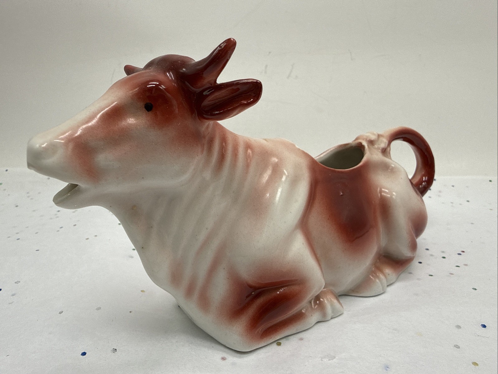 Unique Vintage Brown/Red And White Spotted Sitting Bull Creamer Germany 7.5”