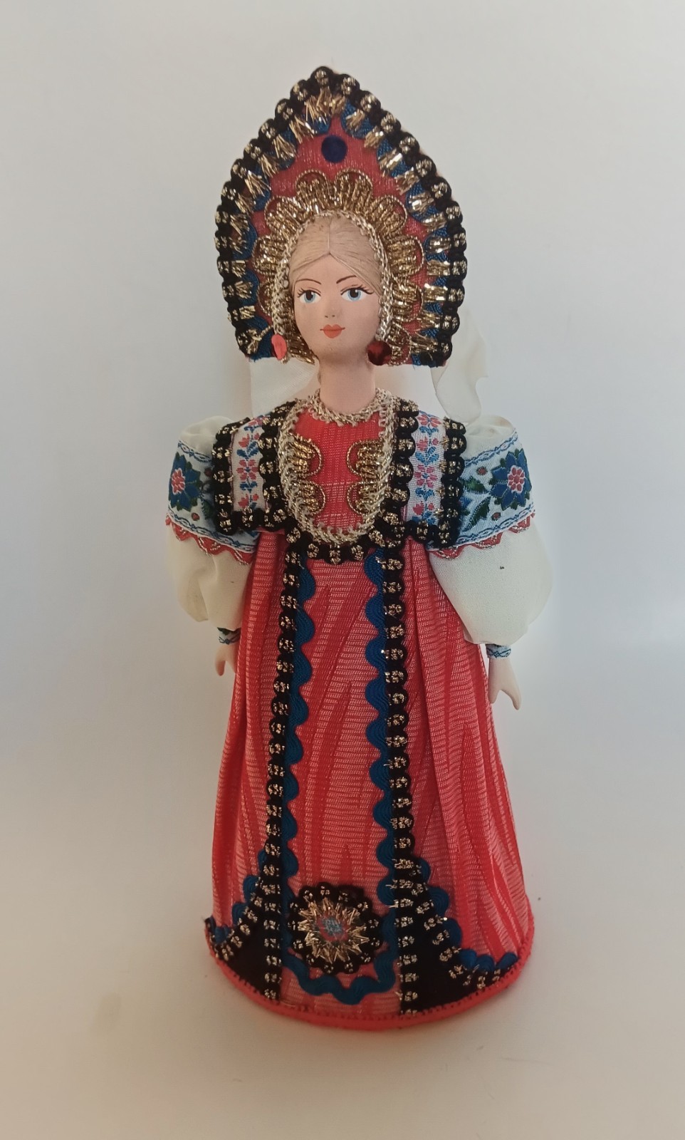 Vintage Handmade Russian Folk Art Costume Porcelain Doll w/ Kokoshnik Headdress