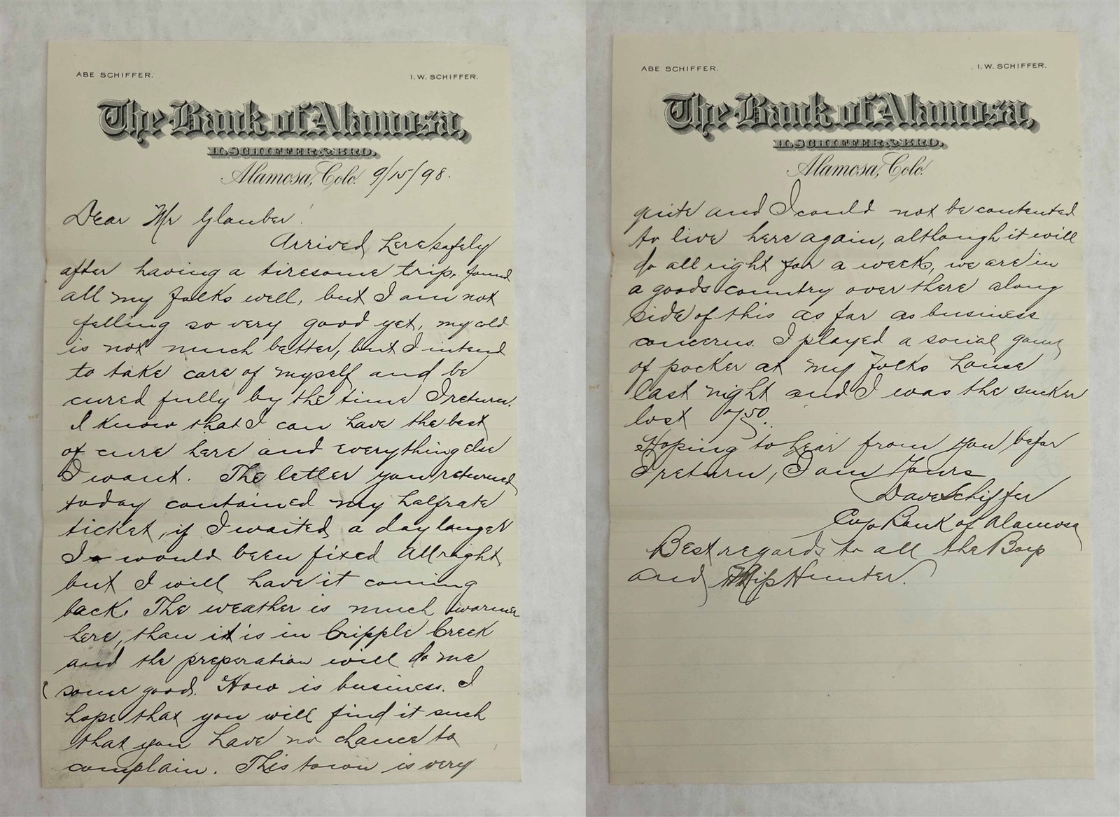 1898 antique BANK of ALAMOSA co DAVE SCHIFFER leadville co POKER letterhead