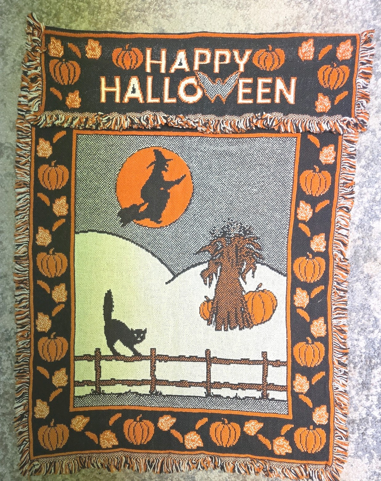 MWW 1991 Happy Halloween Tapestry Woven Door Hang Vintage Witch Cat 23” X 30”